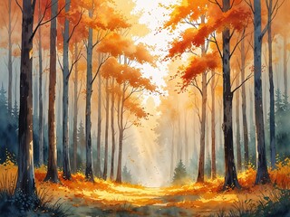 Autumn forest with tall trees and misty golden sunlight painting art design watercolor illustration on plain white background