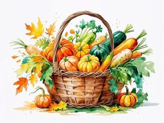 Basket of autumn vegetables in orange yellow and green painting art design watercolor illustration on plain white background