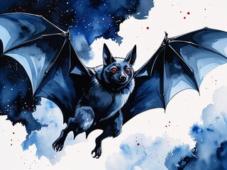 Bat flying in night sky with black wings and red eyes painting art design watercolor illustration on plain white background