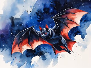 Bat flying in night sky with black wings and red eyes painting art design watercolor illustration on plain white background