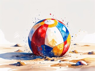 Beach ball in red blue yellow and white rolling on sand painting art design watercolor illustration on plain white background