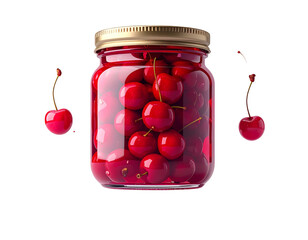 Jar filled with bright red cherries, two cherries floating alongside