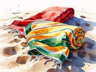 Beach towel in red yellow and green stripes laid on sand painting art design watercolor illustration on plain white background