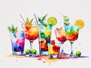 Cocktail glasses with colorful layered drinks and garnish painting art design watercolor illustration on plain white background