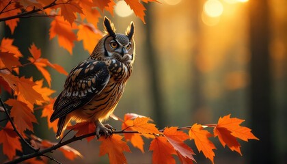 A beautiful owl with warm brown and white plumage sits majestically on a branch, framed by vivid red autumn leaves, bathed in the soft glow of a sunflare filtering through the golden forest.