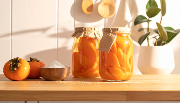 유리병에 담긴 감 프리저브 Persimmon Preserves in Glass Jars on Table

