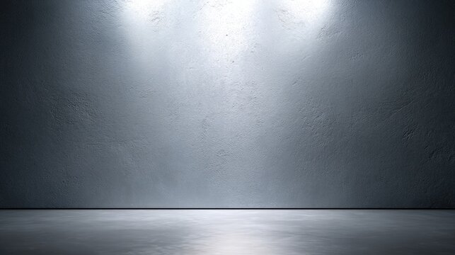 Empty studio space with gray concrete wall and floor highlighted by dramatic overhead lighting, ideal for presentations, performances, or artistic displays