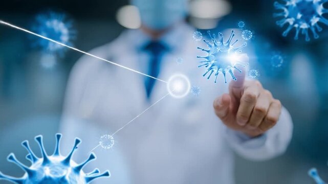 Scientific Revelation: A scientist, in a sterile lab environment, meticulously examines digital representations of a virus, representing the ongoing battle of science against it.