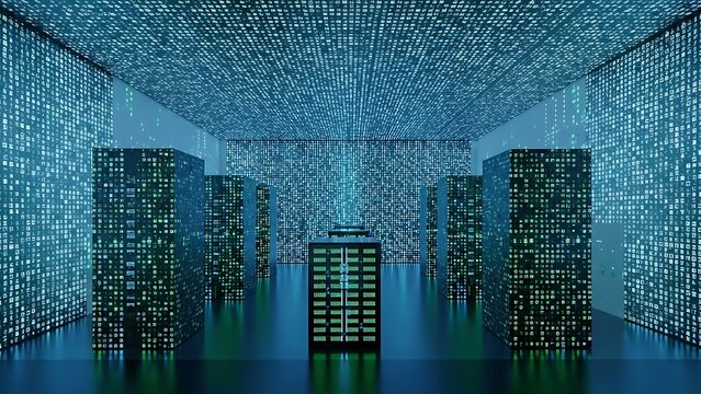 Futuristic Data Center with Glowing Servers and Digital Rain. - Powered by Adobe