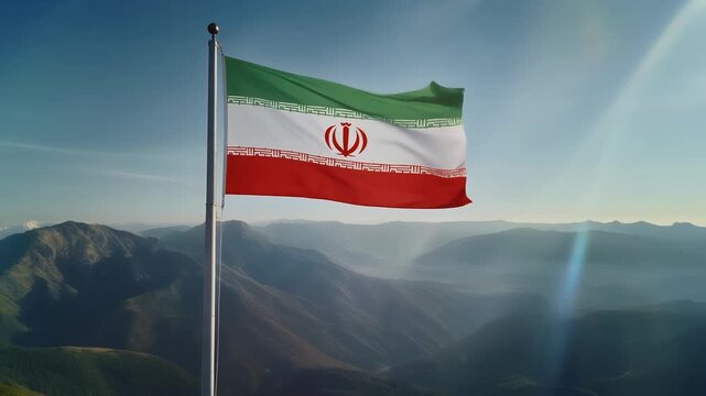 Iran flag waving in mountains with clear blue sky