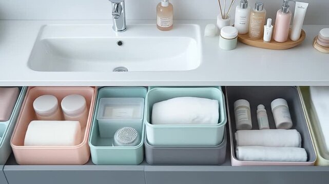 Bathroom vanity with sink; open drawer reveals neatly organized pastel bins with toiletries