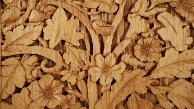 Intricate wood carving showcases floral and foliage details in high definition video