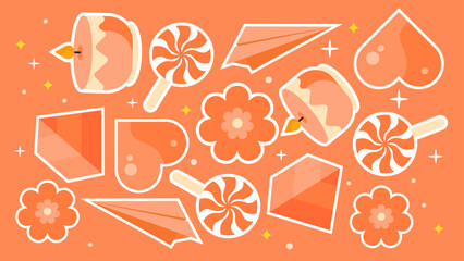 A dynamic orange-toned arrangement featuring spiraling lollipops, blooming flowers, origami paper planes, and glowing candles, symbolizing creativity and sweetness © Hamster