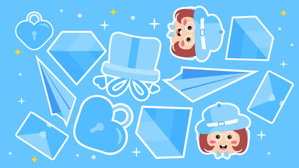 A refreshing blue theme featuring large diamonds, folded paper planes, secret envelopes, and heart-shaped locks with a cute girl character interspersed throughout