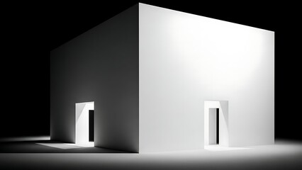 Minimalist White Cube Structure with Illuminated Doorways.