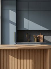 Modern kitchen interior with matte blue cabinets, wooden island, and textured stone backsplash in elegant minimalist design. 3D Rendering. 3D Rendering, Modern / Contemporary Kitchen Interior Design