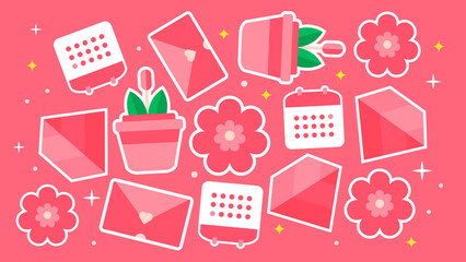 A functional yet cute pink display containing calendars envelopes potted tulips and floral blooms on a bright rose background