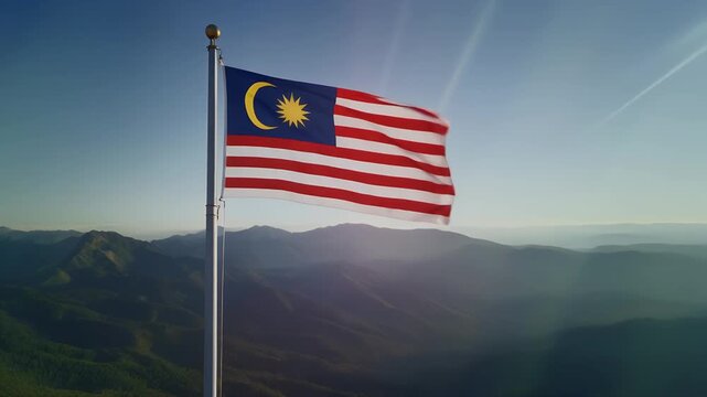 Malaysian flag waving on mountain peak with stunning view