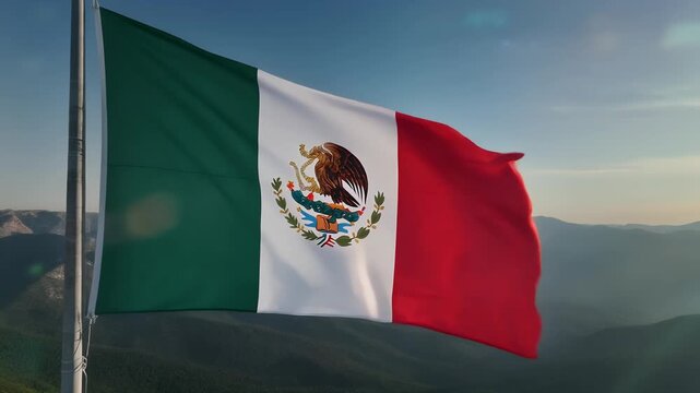 Mexican flag waving in the wind with a stunning mountain landscape