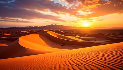 A mesmerizing desert landscape bathed in warm sunlight as the sun sets behind a mountain range. The dunes have a gorgeous texture