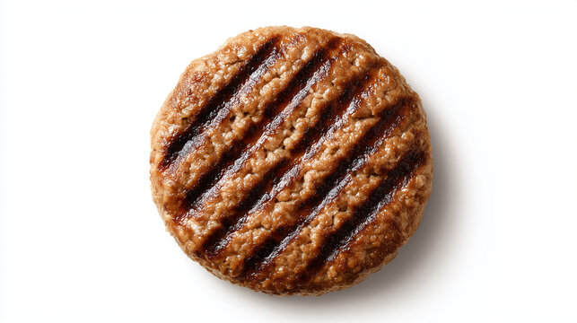 白背景で孤立させた直火焼きの香ばしいグリルマークがついたジューシーなハンバーグパティ