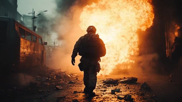 Soldier Walking Away From a Massive Explosion in a War Torn City.