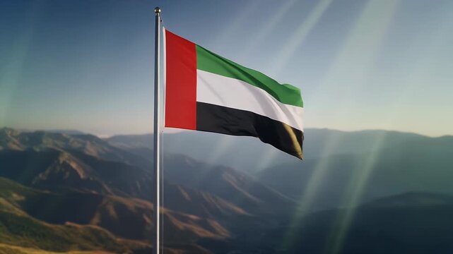United Arab Emirates flag waving on mountain peak with stunning landscape