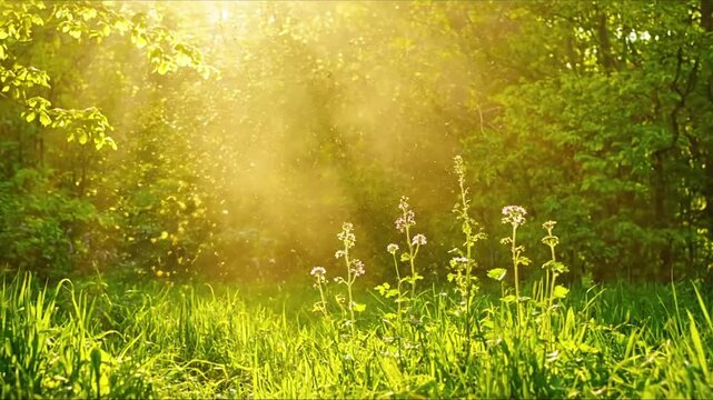 Wind Dispersal from Flora pollen drift spring Dynamic shot of wind gently rustling blooming branches or wildflowers, releasing