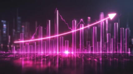 Neon pink digital bar chart with a rising arrow and fluctuating line, futuristic city - Powered by Adobe