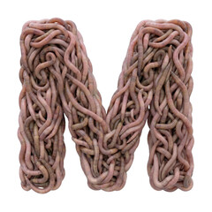 earthworm letter M - Upper-case 3d earthworm font isolated on white background. This alphabet is perfect for creative illustrations related to gardening, compost, horror concept. Generative AI