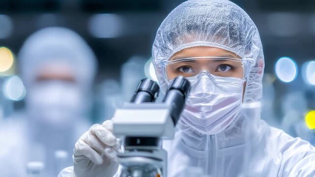 Microscopic Marvel: In a sterile laboratory, a focused scientist peers intently through a microscope, a symbol of scientific exploration, wearing protective gear.