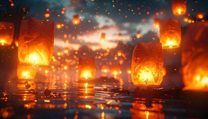 Illuminated lanterns drift above a reflective surface against a dusk sky, creating a magical and peaceful scene