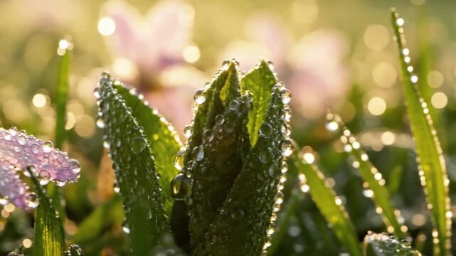 Spiderweb Jewels dew sparkle spring Intricate spiderweb in a serene spring meadow, intricately strung with countless tiny dew