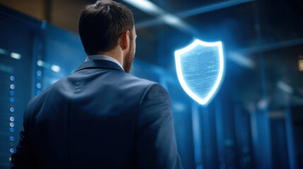 Businessman in suit facing glowing security shield hologram in server room, confident protective technology scene