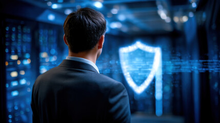 Businessman server room cyber security shield hologram blue light calm focused