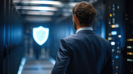Businessman cybersecurity data center security concept professional looking at digital shield