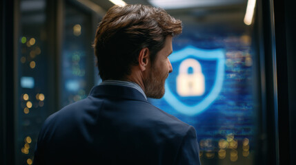 Businessman security shield padlock cyber security concept confident professional looking server room display with blue lock