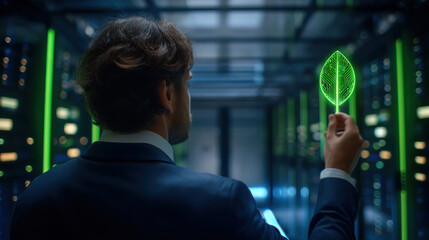 Man holding digital leaf hologram in server room, technology concept green energy innovation sustainable data center