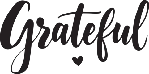 Schilderijen op glas Positive Typography Grateful handwritten script typography with heart icon for mindfulness and appreciation art poster  © Aorpita