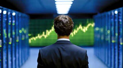 Businessman server room monitoring rising stock chart with green graph background showing confidence and focus