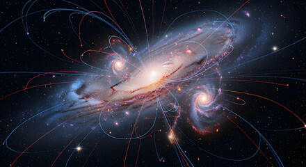 A composite illustration of interacting galaxies, showcasing magnetic field lines and spiral arms within a vast, cosmic expanse