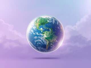 淡いパープルの空間に浮かぶ透明感のある地球のイラスト。未来・環境・サステナブルコンセプト