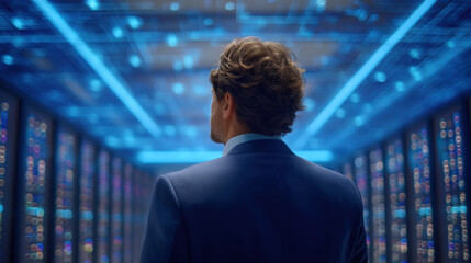 Businessman server room back view digital data center blue lighting thoughtful