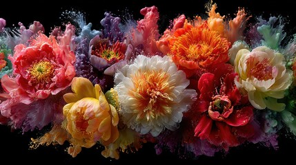 Obraz premium Colorful flowers with vibrant paint splashes against a dark, dramatic backdrop. Perfect for art prints, invitations, or design projects needing a floral flair.