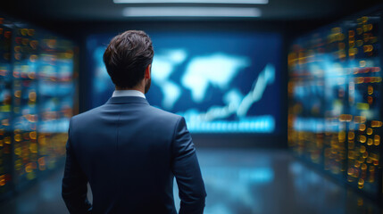 Businessman in suit viewing global data screen with illuminated server racks, contemplative mood