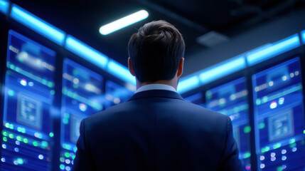 Businessman server room monitoring multiple blue server racks with glowing panels and data displays, focused and analytical