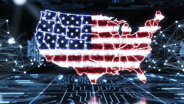 American flag patterned usa map with glowing circuit board background and white dots connections representing technology and communication networks across the country