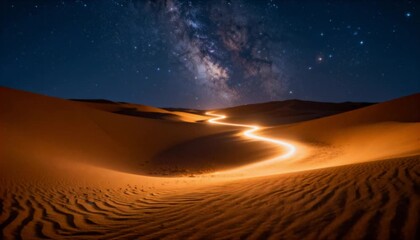 mystical empty desert sand dunes at night under star filled sky with glowing celestial light path perfect for islamic celebrations