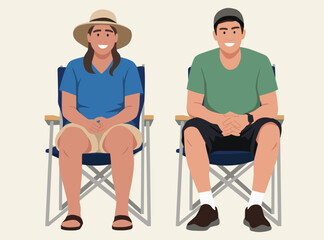 two smiling people wearing sun hat and a cap sitting in outdoor folding chairs
