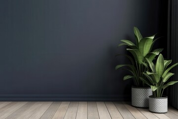 Minimal Dark Navy Wall With Potted Monstera And Palm Plants For Modern Interior Decor